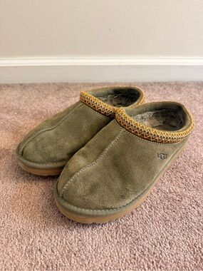 UGG Olive Suede Shearling Clog with Decorative Trim